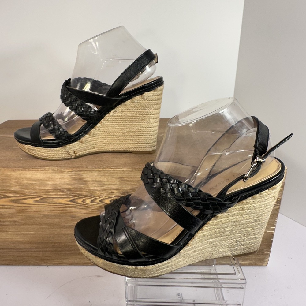 ANTONIO MELANI Women SZ 8.5-9 Black Leather Strappy Platform Wedges Sandals Boho - Picture 3 of 11